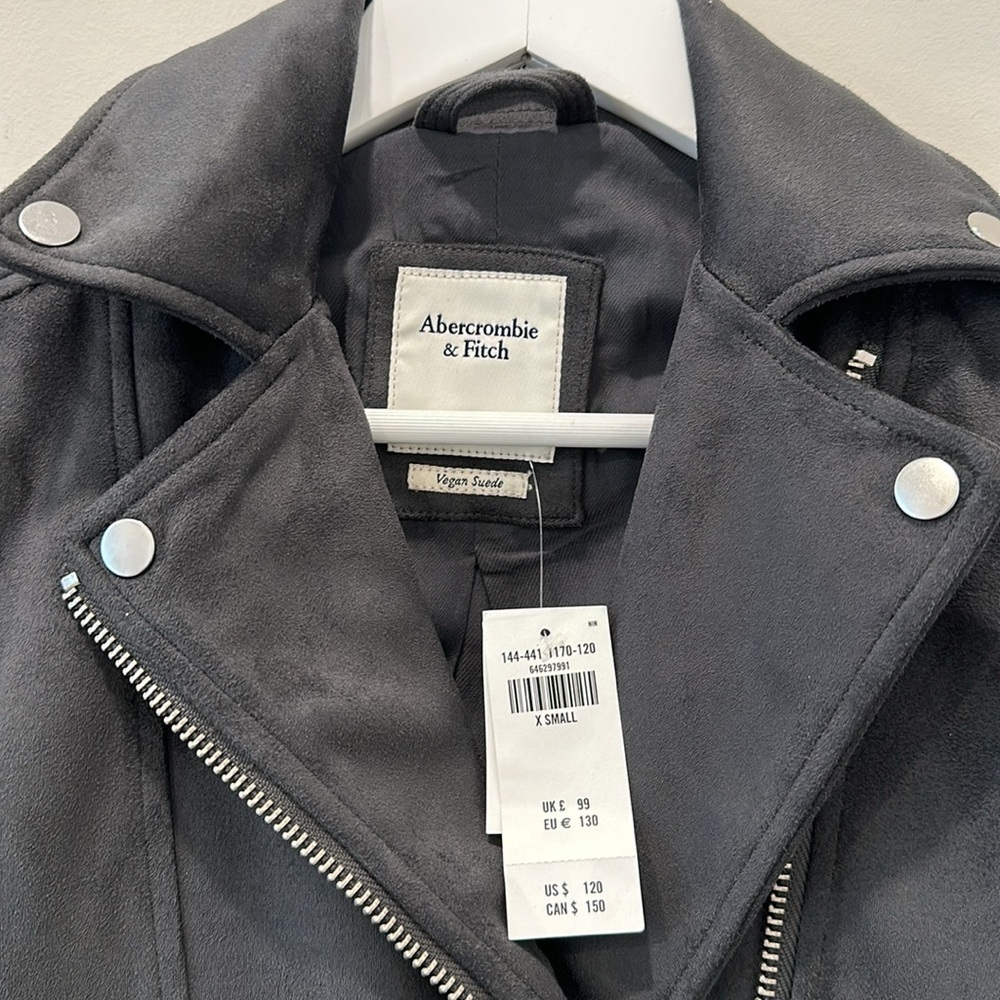 Abercrombie Leather Jacket Vegan Suede Charcoal Gray Black Moto Winter Size XS - Picture 3 of 16